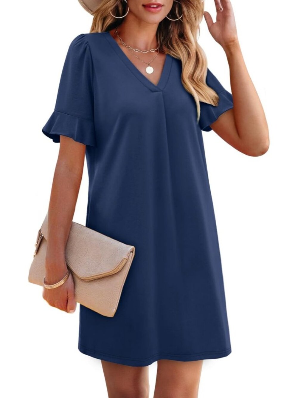 Women's Navy Blue Ruffle Short Sleeve Neck Casual  with Pockets Shift Mini Dress - Picture 4 of 5